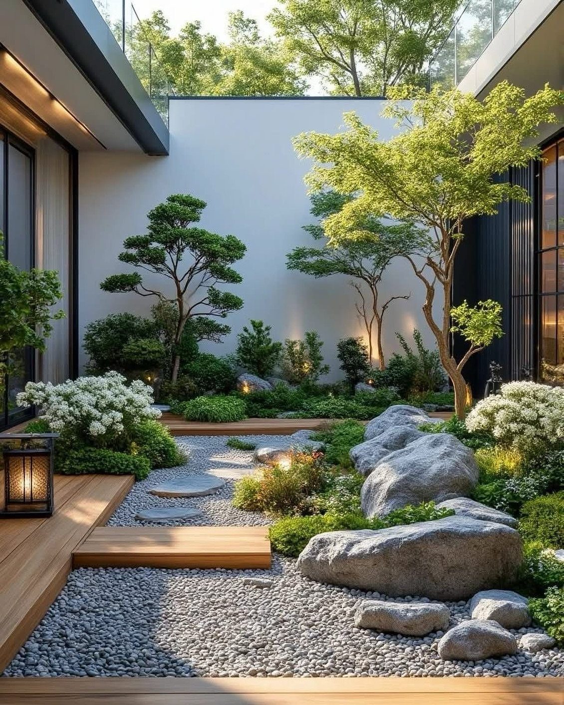 A modern courtyard garden with grey gravel, large rocks, green plants, and wooden decking.