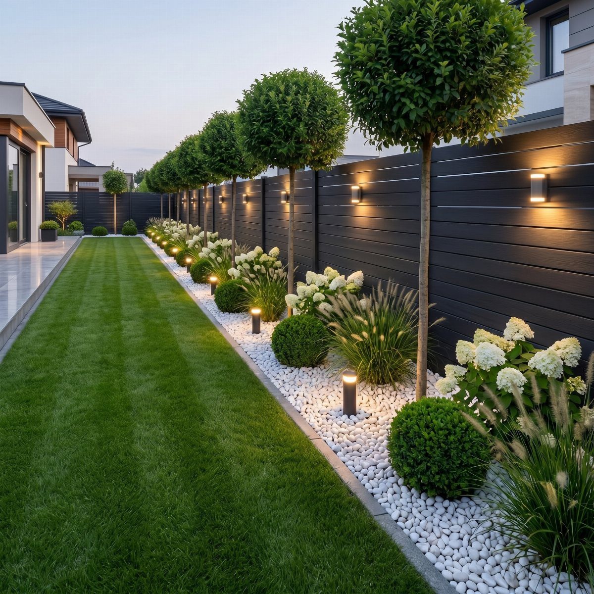 Manicured green lawn beside a dark fence with white pebbles, shrubs, and topiary trees.