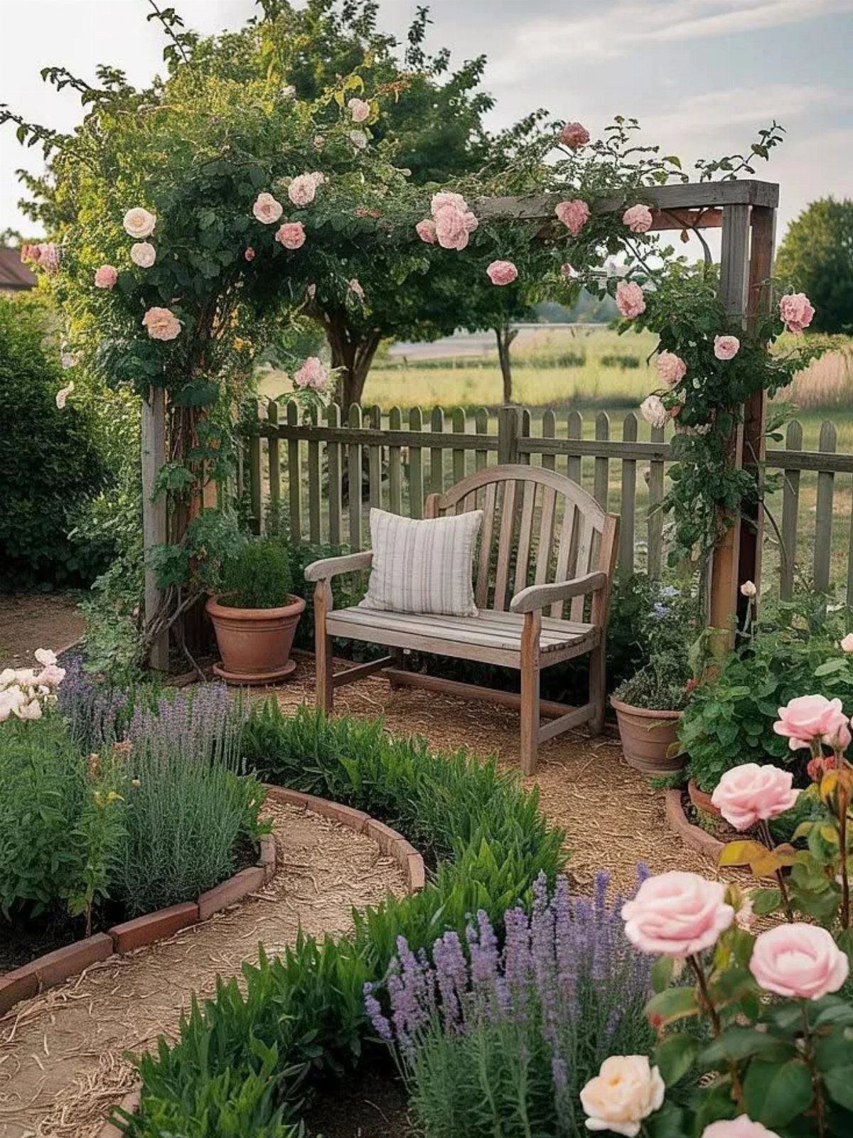 Wooden garden bench with a white cushion nestled under a rose-covered pergola in a lush garden.