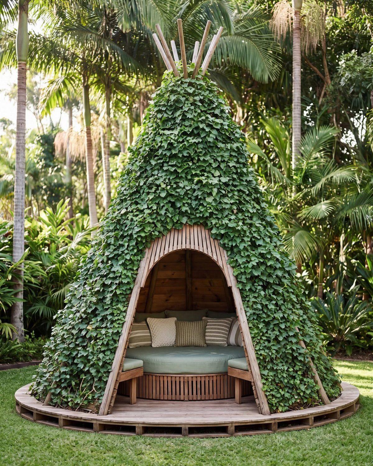 A large conical teepee structure covered in thick green ivy with a cozy seating area inside.