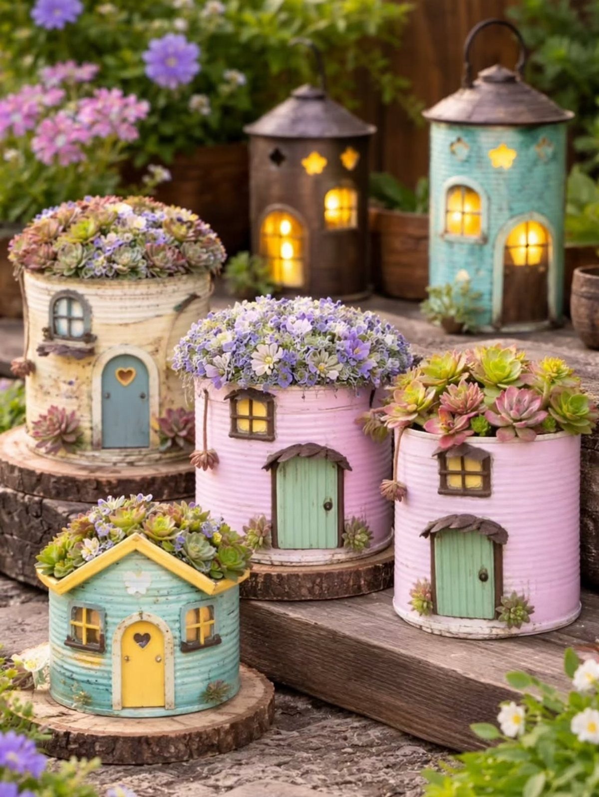 Painted tin can planters shaped like small houses filled with colorful succulents in a garden.