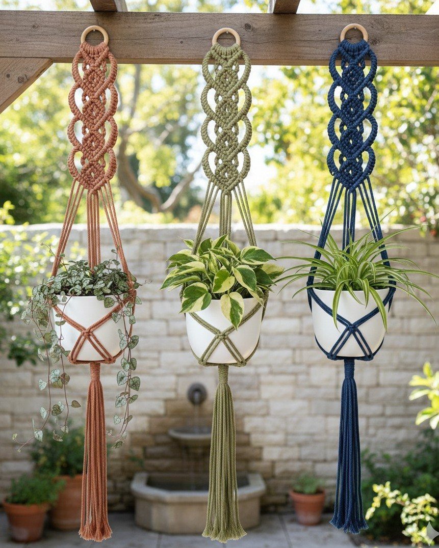 Three colorful macramé plant hangers holding white pots with green plants hanging from a wooden structure.