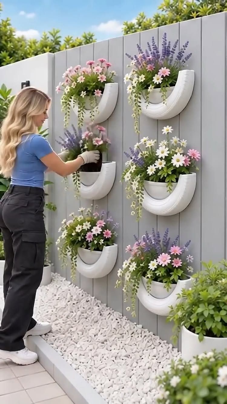 A woman tending to colorful flowering plants in white semi-circular wall planters on a grey slat fence.