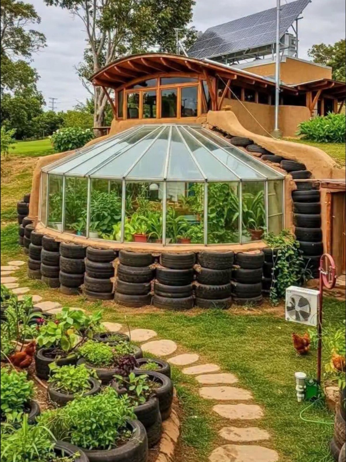 8 Houses With Greenhouses That Skip the Ordinary 4 An earth-sheltered house with a large glass greenhouse built into a hillside using stacked tires.
