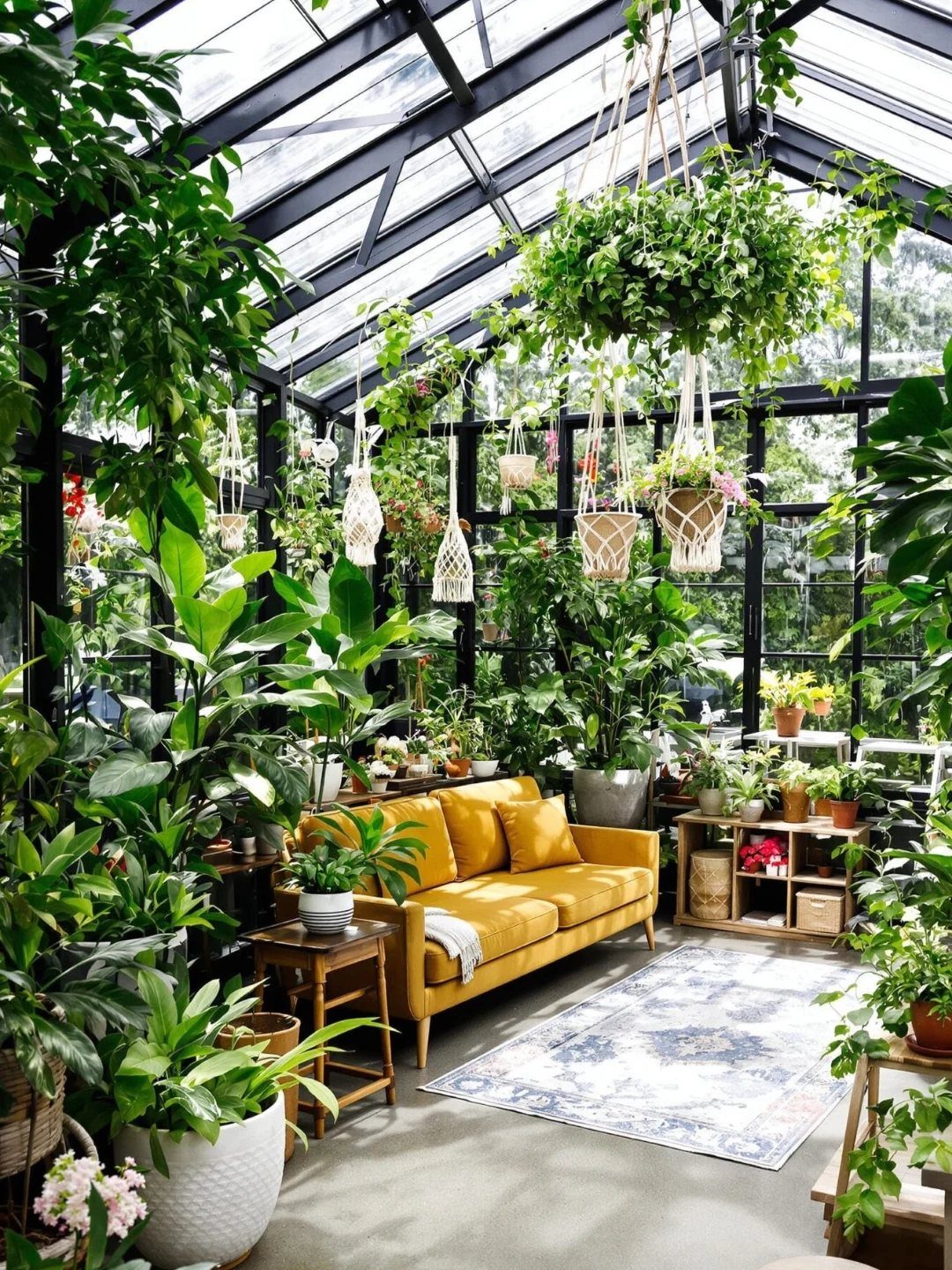 8 Houses With Greenhouses That Skip the Ordinary 2 Lush green plants in hanging baskets and pots surrounding a yellow sofa in a sunlit greenhouse.