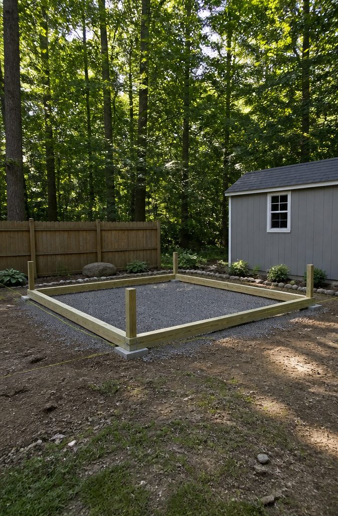 How to Build a Shed: 7 Steps From Foundation to Finished Exterior 1 Pressure-treated 6x6 timbers laid out as a shed foundation.