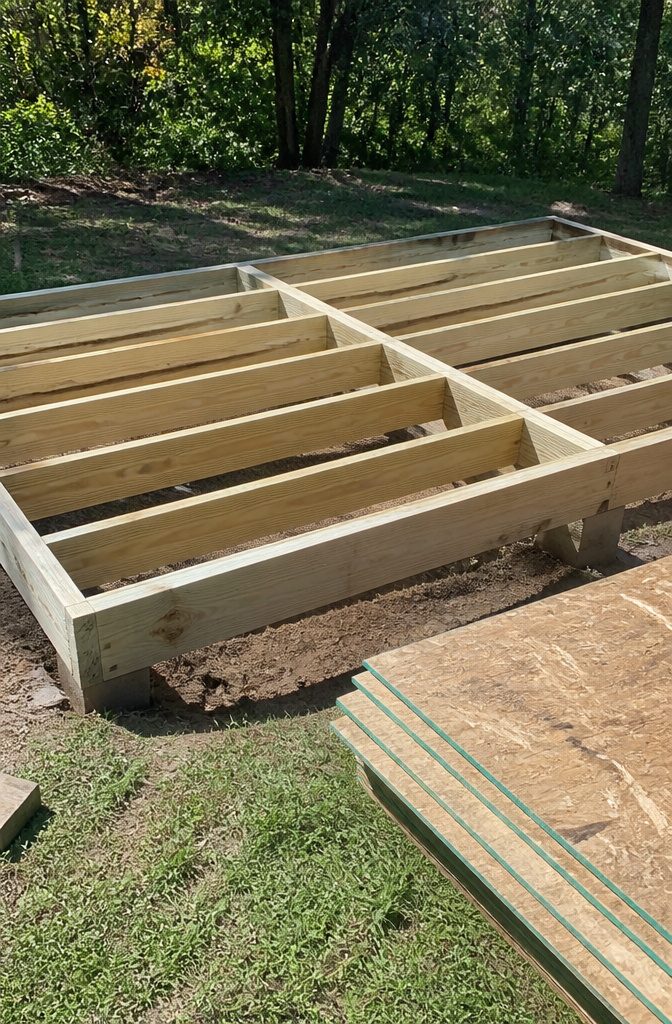 How to Build a Shed: 7 Steps From Foundation to Finished Exterior 2 Close-up of floor framing with pressure-treated 2x6s and plywood sheets.