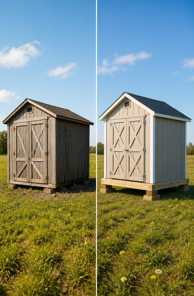 How to Build a Shed: 7 Steps From Foundation to Finished Exterior 10 A portable shed with a skid foundation on 6x6 timbers.