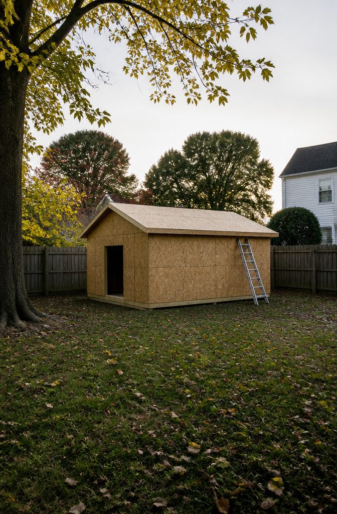 How to Build a Shed: 7 Steps From Foundation to Finished Exterior 6 Siding being applied to the walls of the shed.