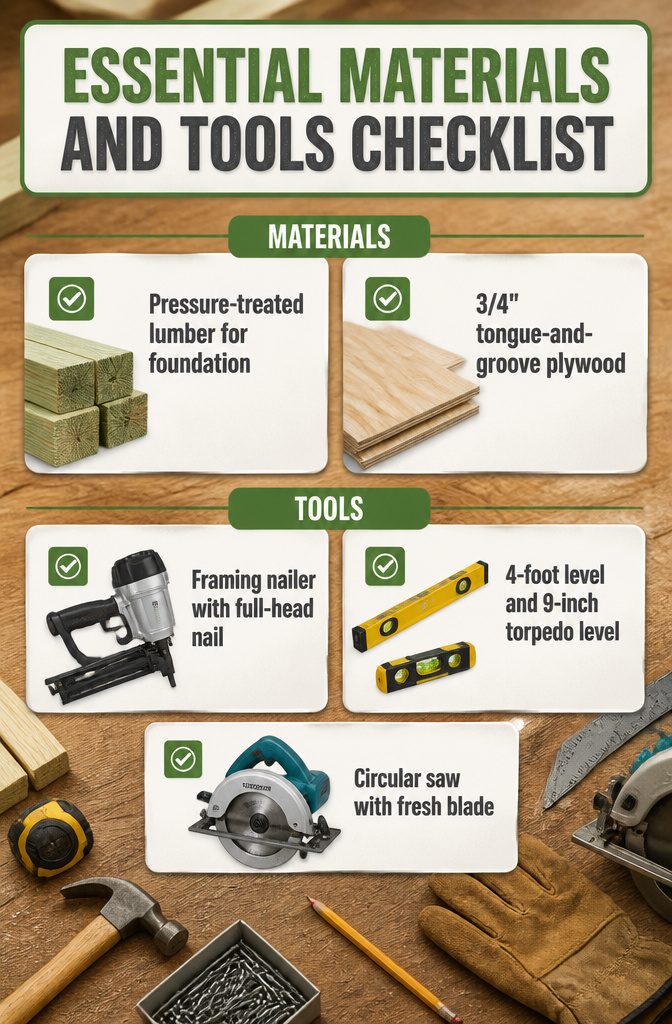 How to Build a Shed: 7 Steps From Foundation to Finished Exterior 8 Checklist of materials and tools needed for shed construction.