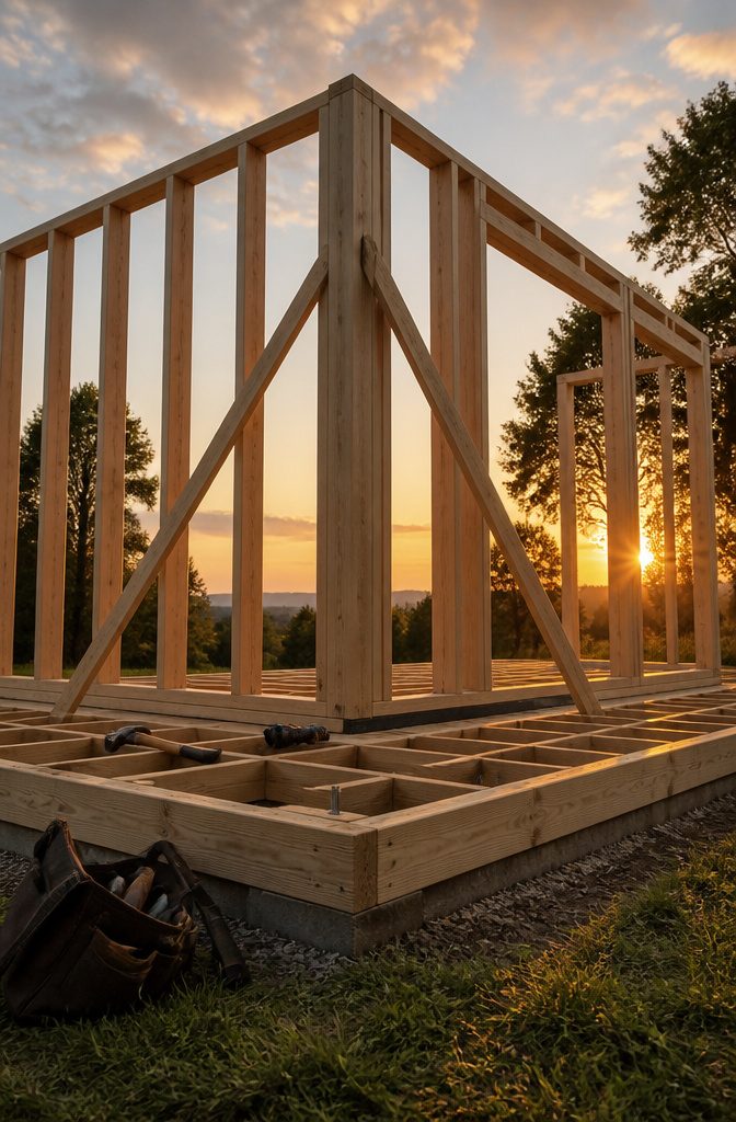 How to Build a Shed: 7 Steps From Foundation to Finished Exterior 4 A worker raises the first wall of the shed into position.