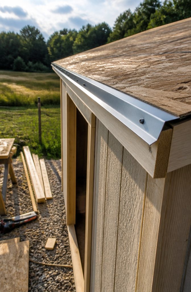 How to Build a Shed: 7 Steps From Foundation to Finished Exterior 9 Drip edge installed on the roof edge of the shed.