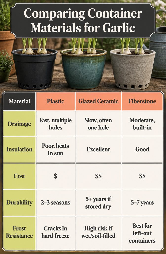 How to Grow Garlic in Pots: 7 Steps for Container Success 9 An image comparing different container materials suitable for garlic.