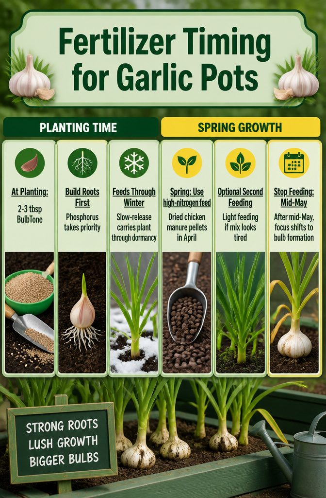 How to Grow Garlic in Pots: 7 Steps for Container Success 10 An information image about fertilizer timing for garlic pots.