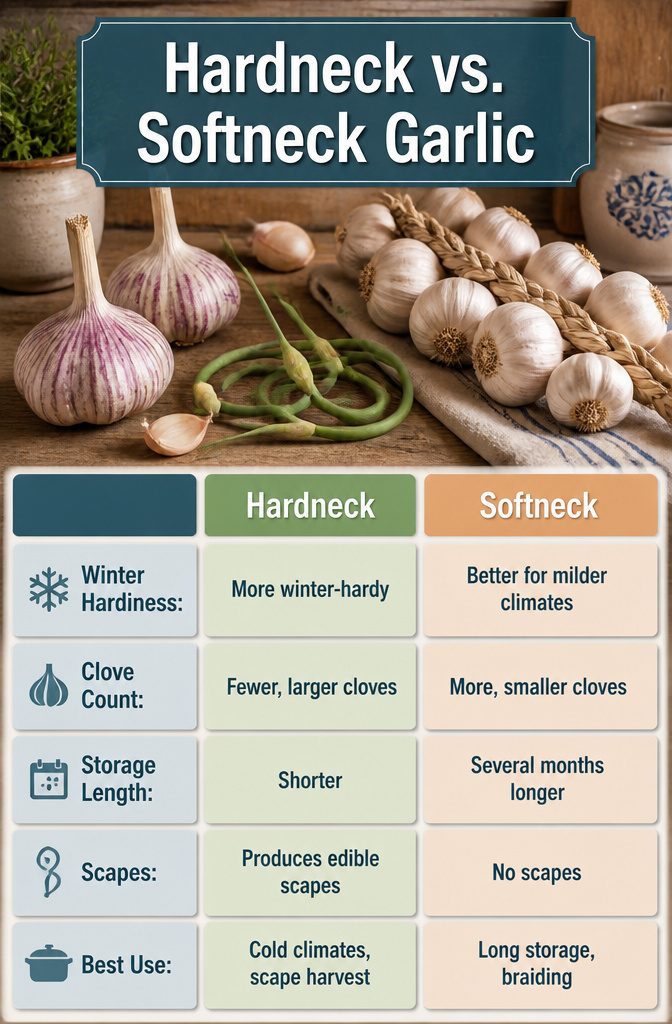 How to Grow Garlic in Pots: 7 Steps for Container Success 8 An information image comparing hardneck and softneck garlic varieties.