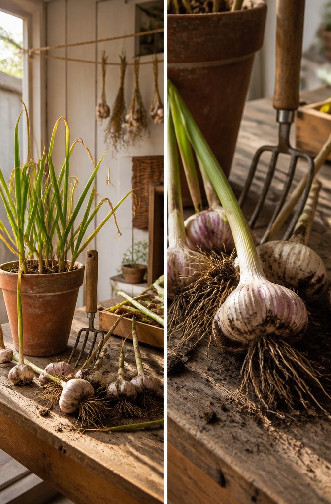 How to Grow Garlic in Pots: 7 Steps for Container Success 7 Garlic plants showing yellowing leaves, indicating readiness for harvest.