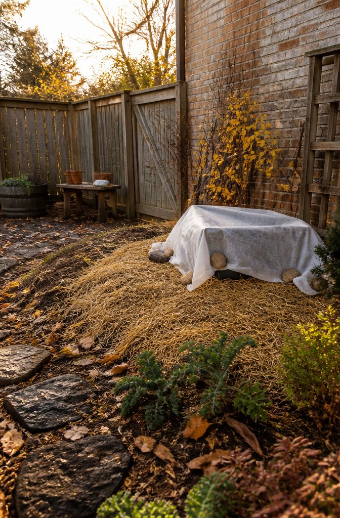 How to Grow Garlic in Pots: 7 Steps for Container Success 5 Mulch covering the soil in a pot of garlic to prevent freezing.