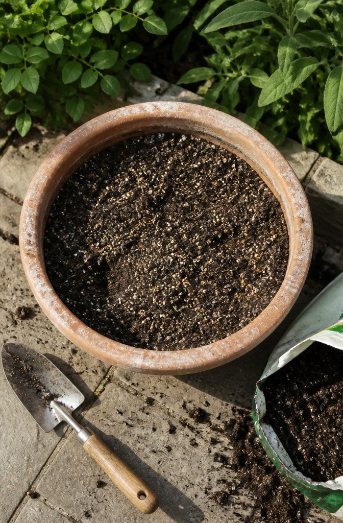 How to Grow Garlic in Pots: 7 Steps for Container Success 3 A terracotta pot filled with soil and compost, ready for planting garlic.