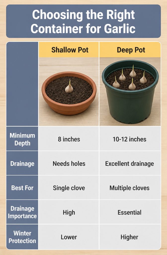 How to Grow Garlic in Pots: 7 Steps for Container Success 2 An information image about selecting suitable containers for garlic.