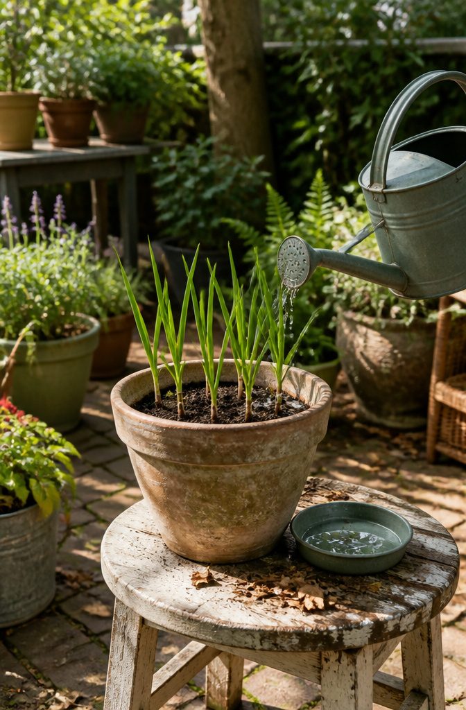 How to Grow Garlic in Pots: 7 Steps for Container Success 6 A hand watering can positioned over a pot of growing garlic.