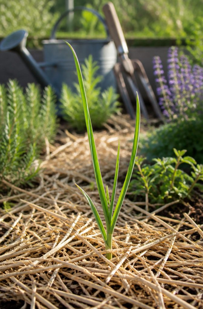 Close-up of a green garlic shoot emerging from straw mulch.