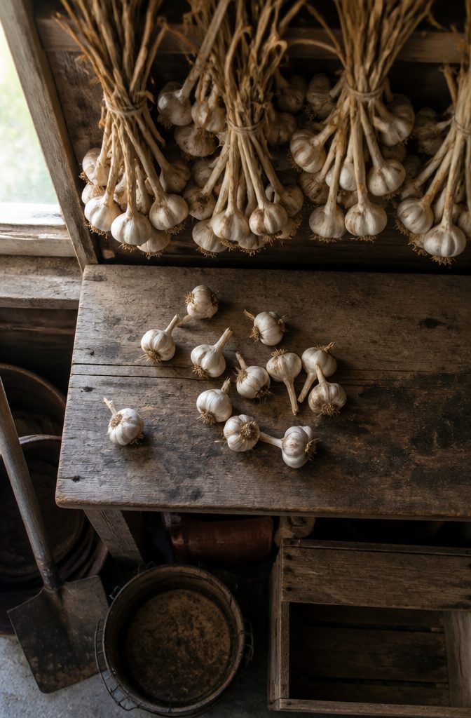 Garlic bulbs hanging in bunches for curing in a dry area.