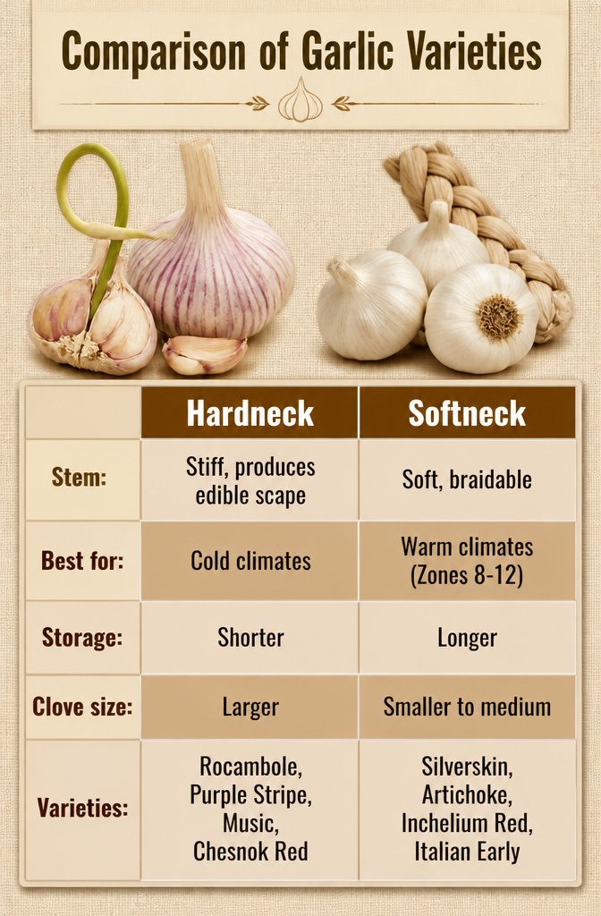 Infographic comparing different garlic varieties and their characteristics.