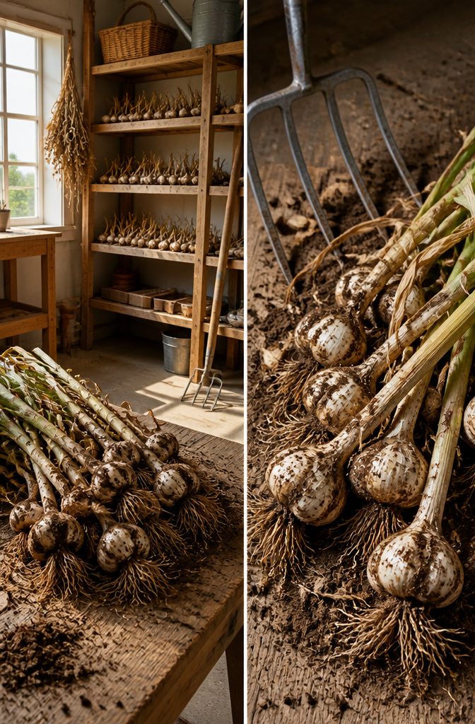 Garlic bulbs with brown lower leaves, ready for harvesting.