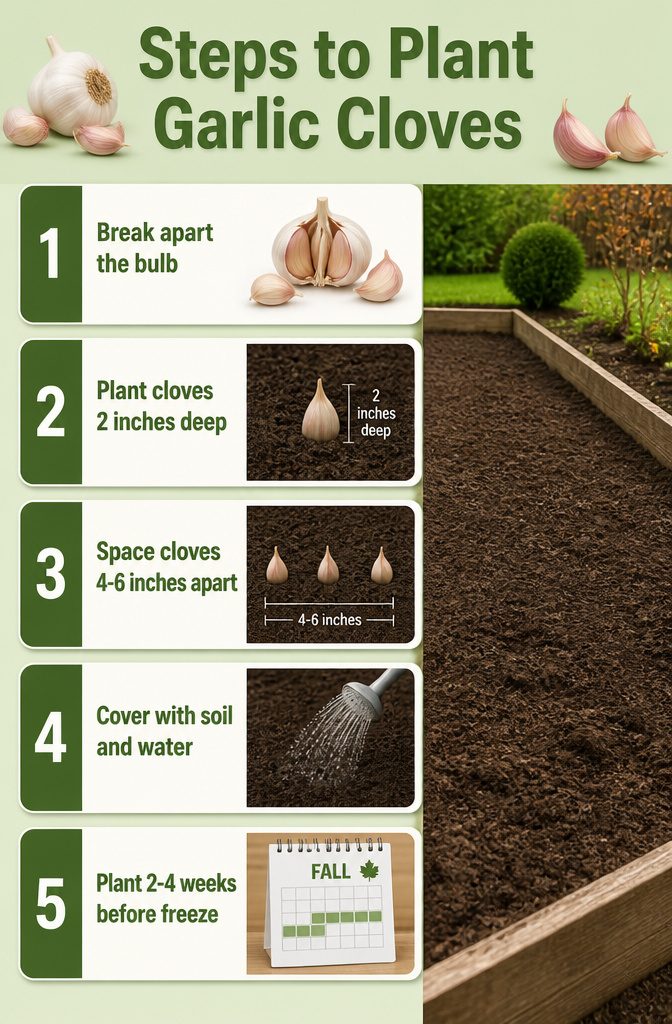 Infographic detailing steps to plant garlic cloves in the garden.