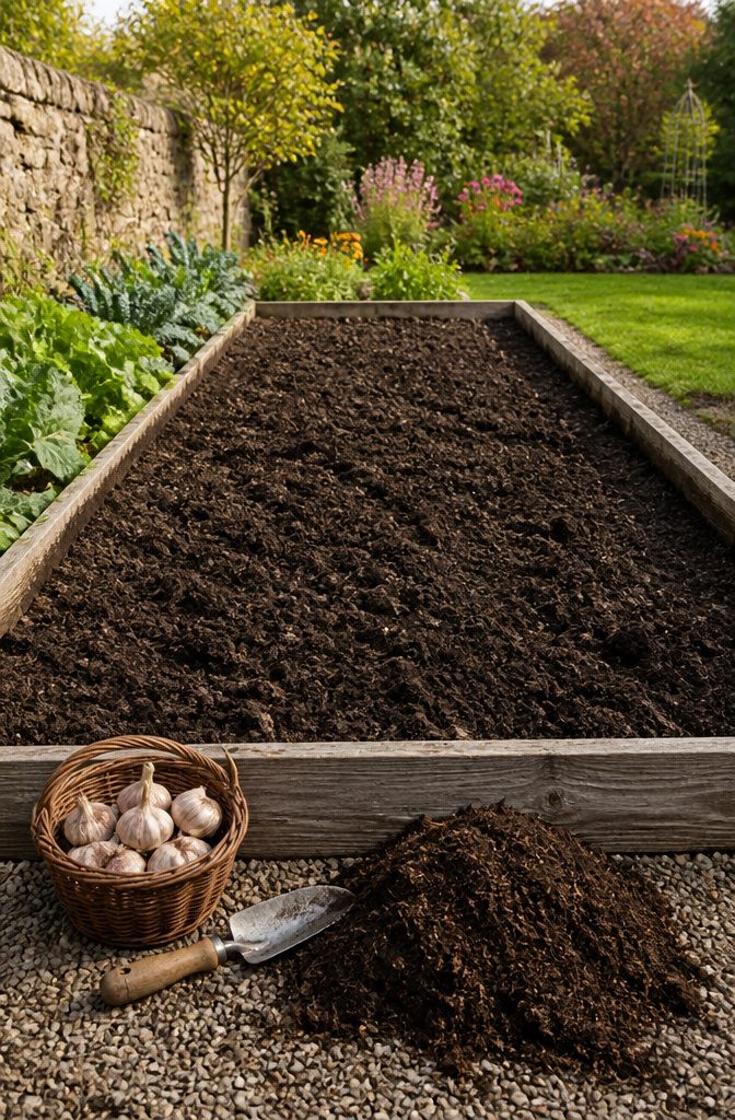 Dark soil in garden rows prepared for planting garlic.