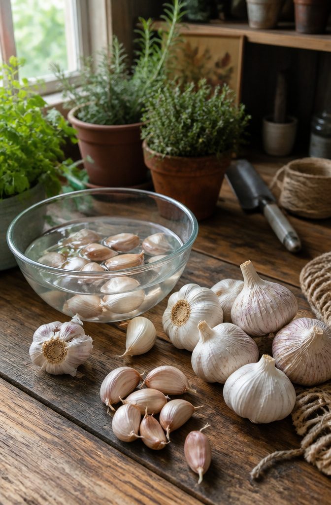 Garlic cloves soaking in water mixed with fish emulsion and baking soda.