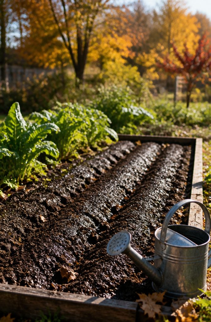Freshly watered dark soil in garden rows for garlic.