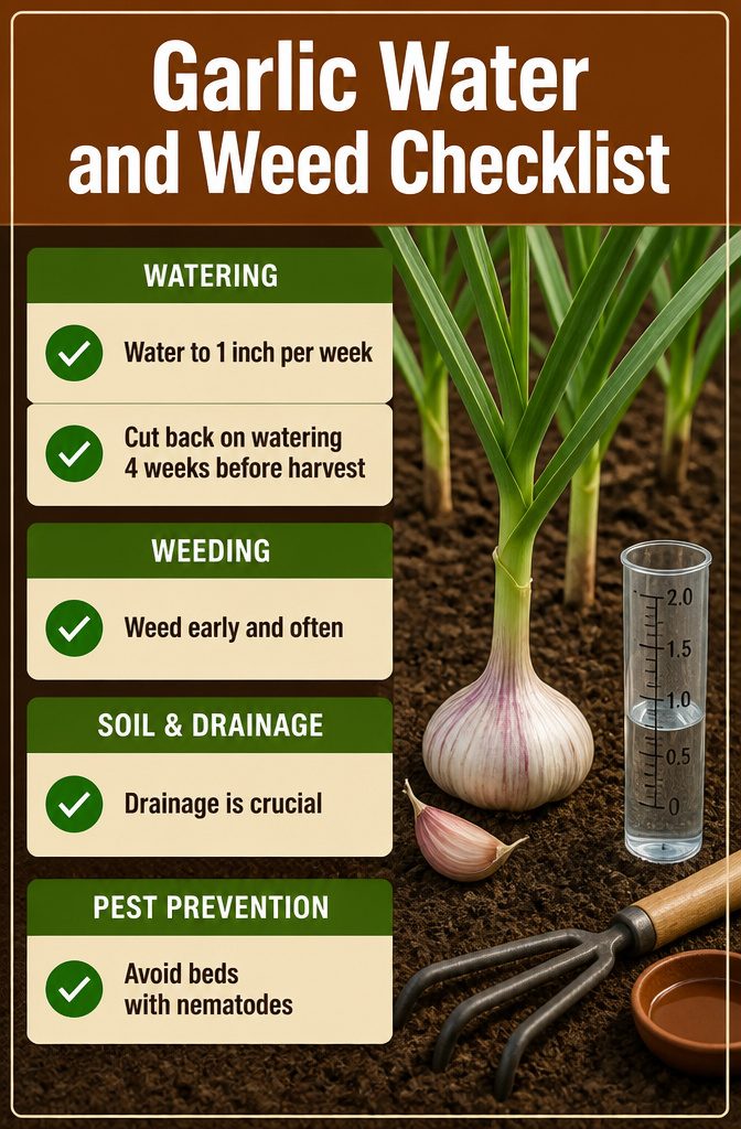 Garlic water and weed schedule checklist for gardeners.