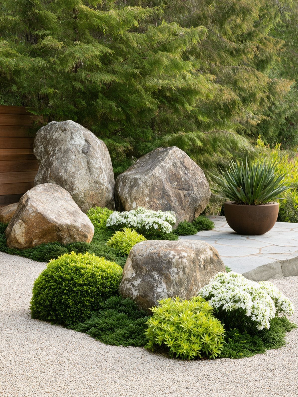 Large boulders and green shrubs arranged in a landscaped garden with a stone walkway.