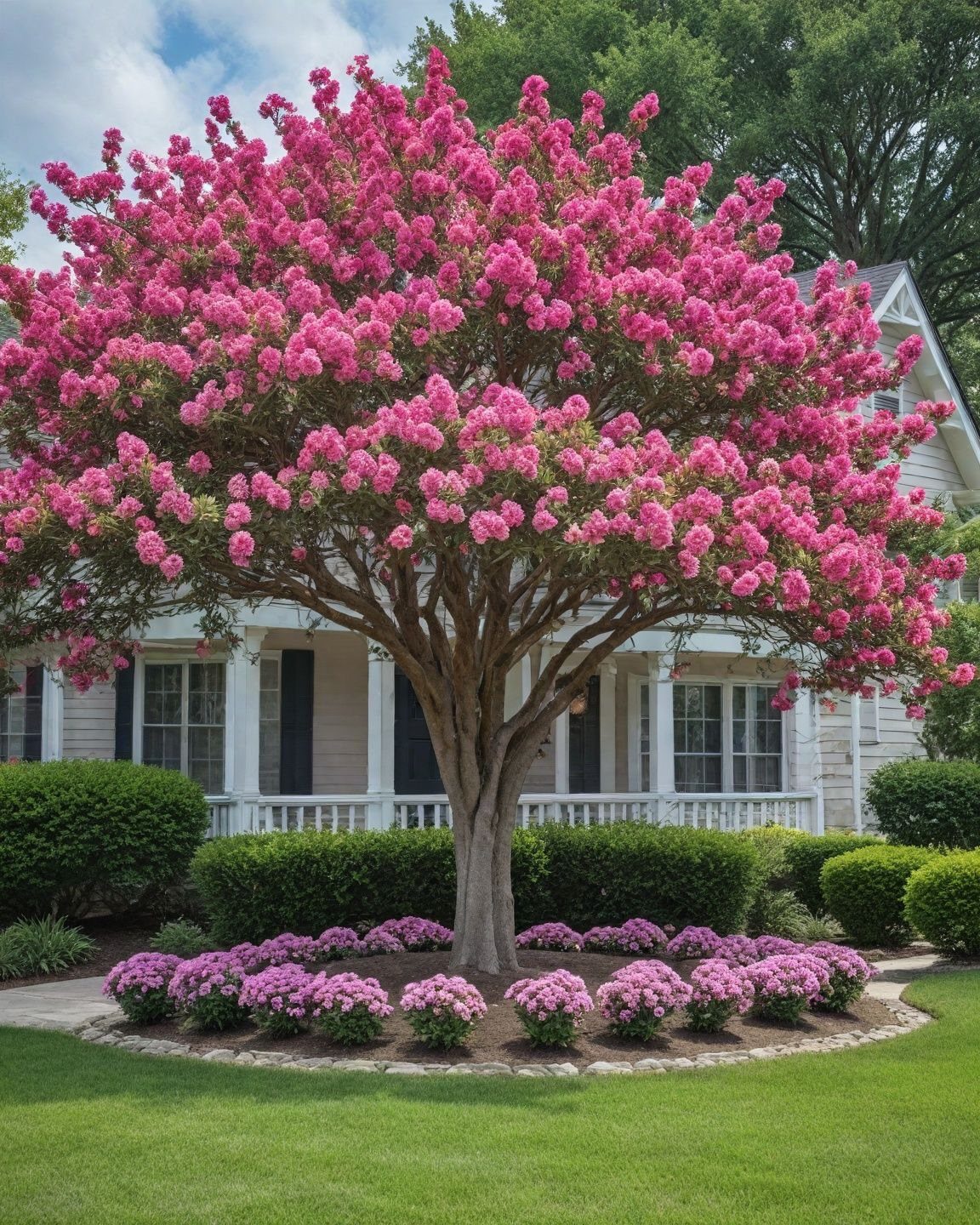 A large tree with bright pink flowers blooming in a landscaped front yard garden.
