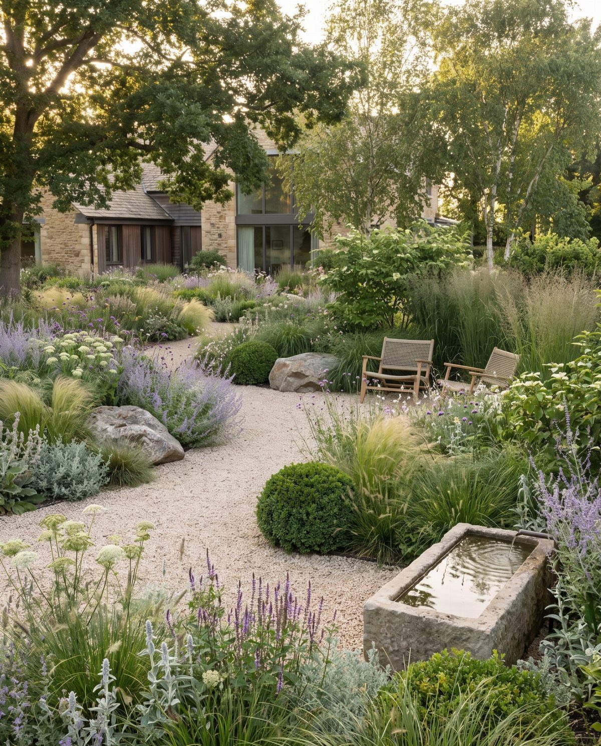 Gravel walkway winding through a garden with lavender, ornamental grasses, and stone features.