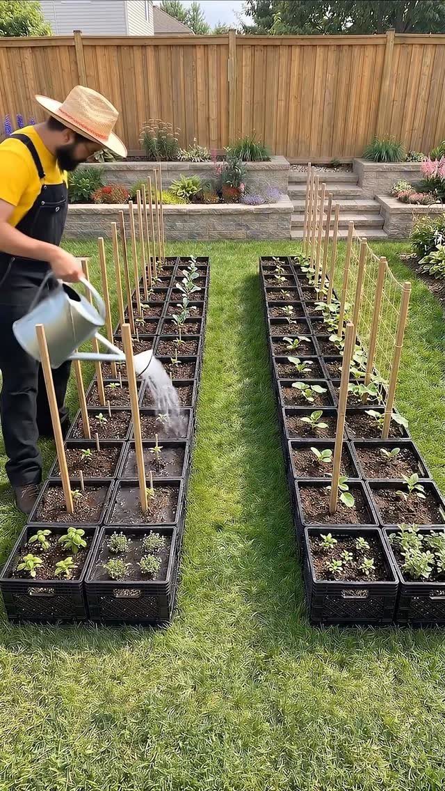 22 Outdoor Backyard Ideas for Dining, Gardens, and Gathering Spaces 2 A man watering rows of small plants growing in black rectangular containers on a green lawn.