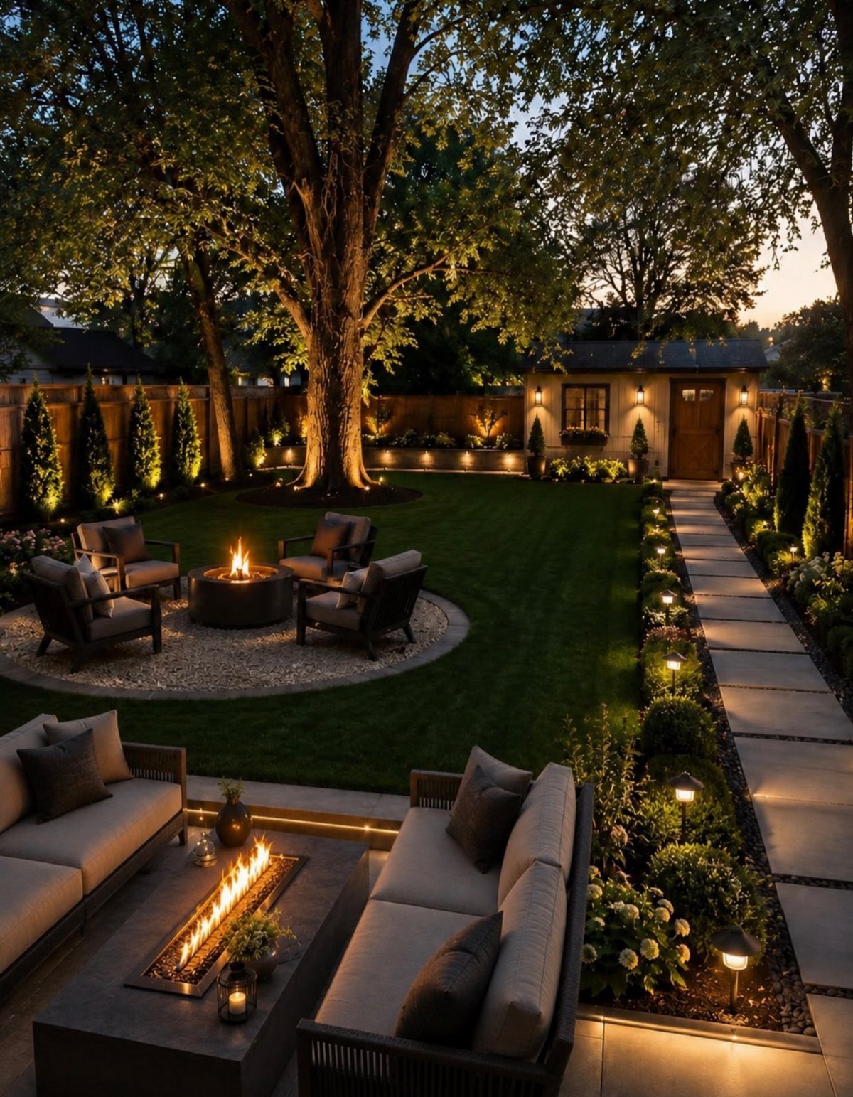 22 Outdoor Backyard Ideas for Dining, Gardens, and Gathering Spaces 9 A luxury backyard with a fire pit, lounge seating, and illuminated stone pathways at twilight.