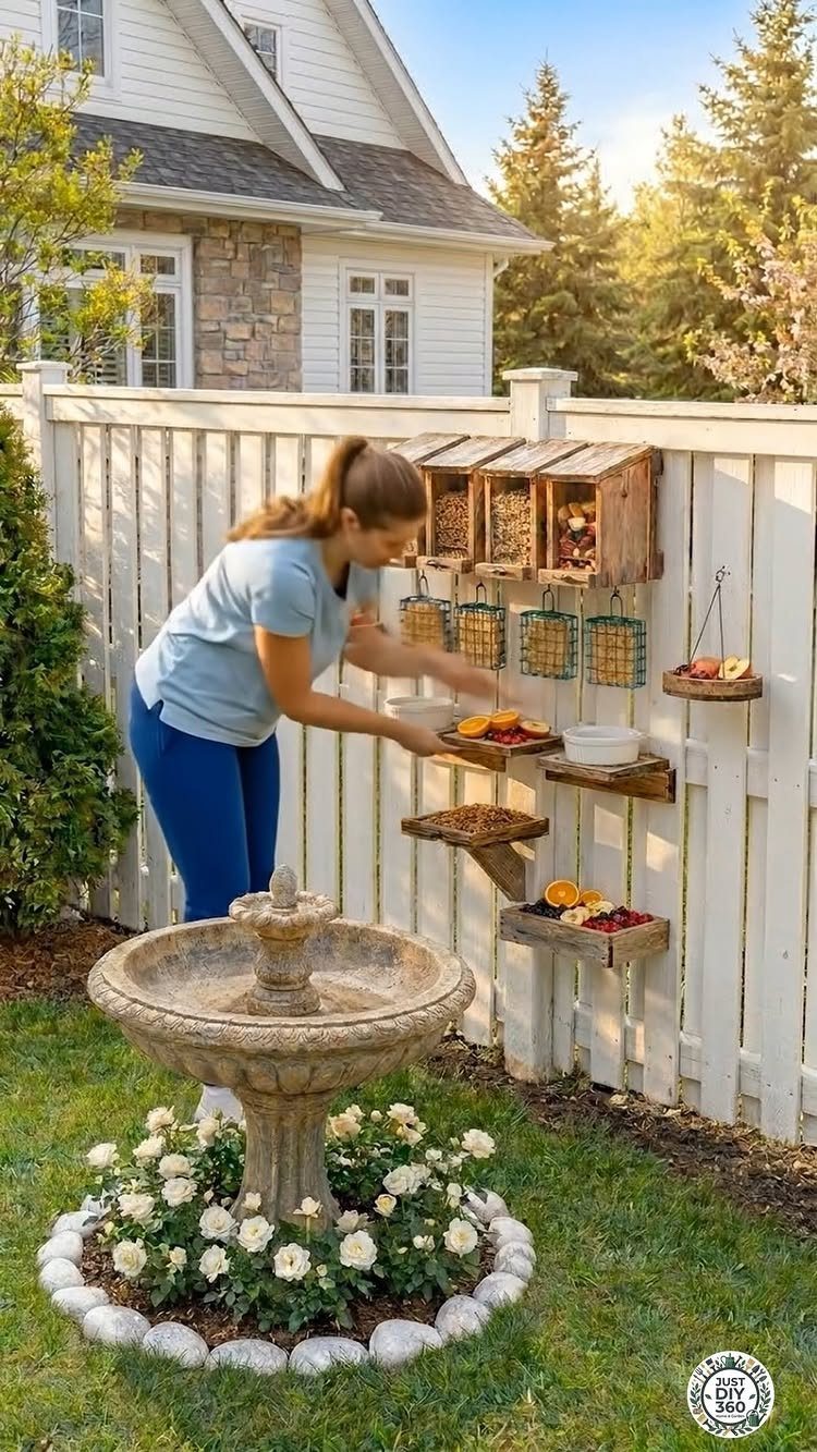 22 Outdoor Backyard Ideas for Dining, Gardens, and Gathering Spaces 22 A woman tends to wooden bird feeders and fruit trays mounted on a white backyard fence.