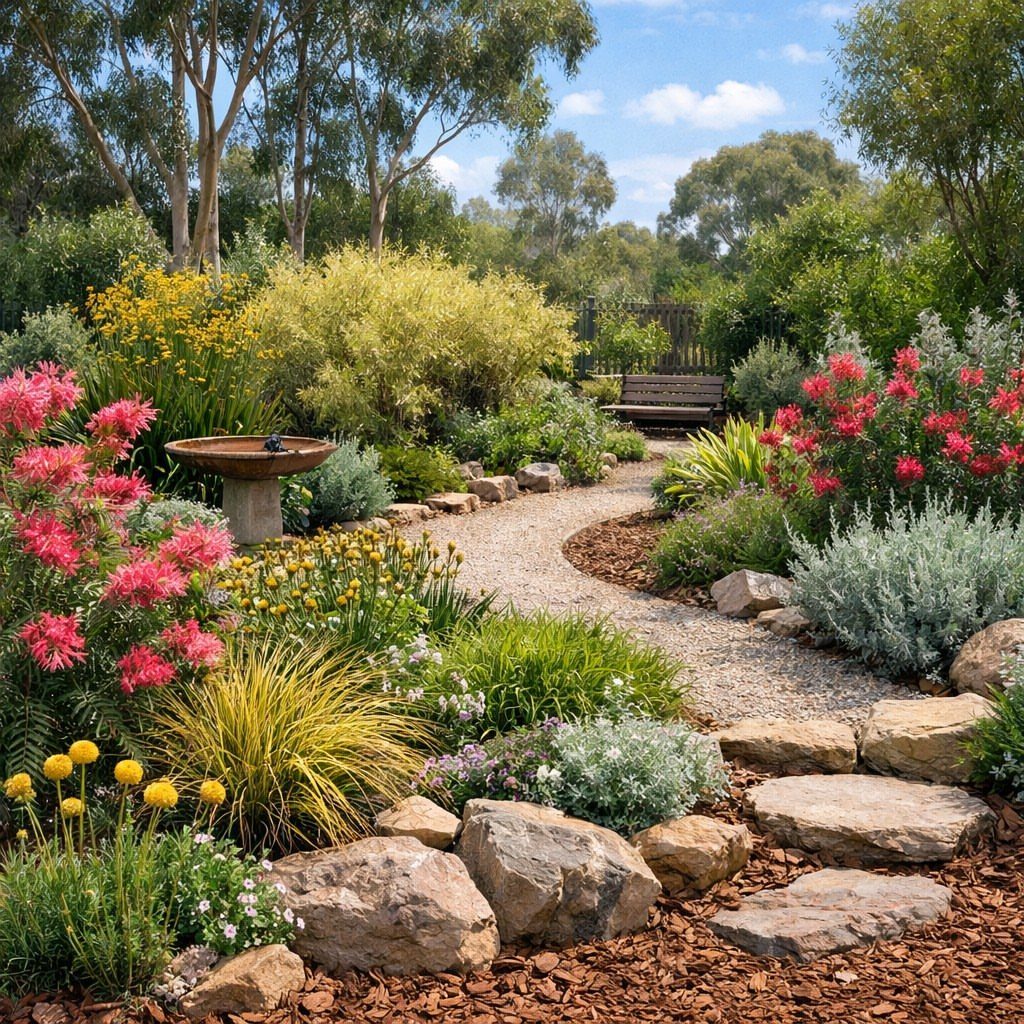 22 Outdoor Backyard Ideas for Dining, Gardens, and Gathering Spaces 5 A winding gravel path through a diverse garden filled with colorful flowering plants and rocks.