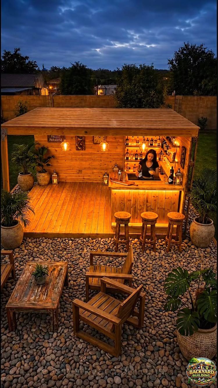22 Outdoor Backyard Ideas for Dining, Gardens, and Gathering Spaces 11 A wooden outdoor bar structure with warm lights, stools, and a person serving drinks.
