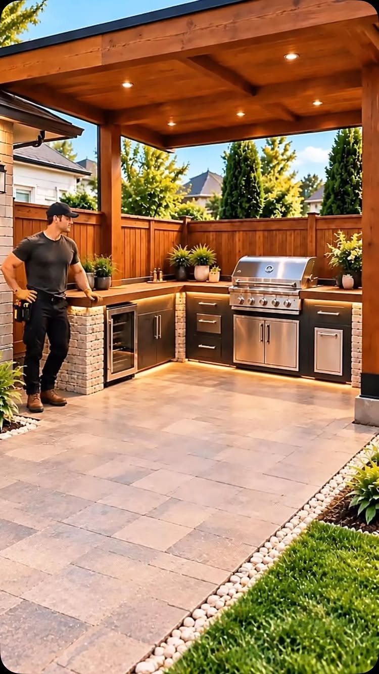 22 Outdoor Backyard Ideas for Dining, Gardens, and Gathering Spaces 12 A man standing in a modern outdoor kitchen under a wooden pergola structure.
