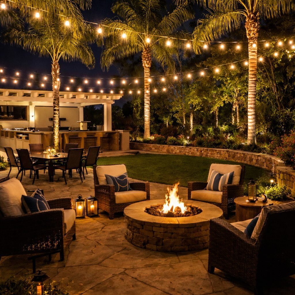 22 Outdoor Backyard Ideas for Dining, Gardens, and Gathering Spaces 7 String lights hang between palm trees over a stone patio with a fire pit and lounge seating.