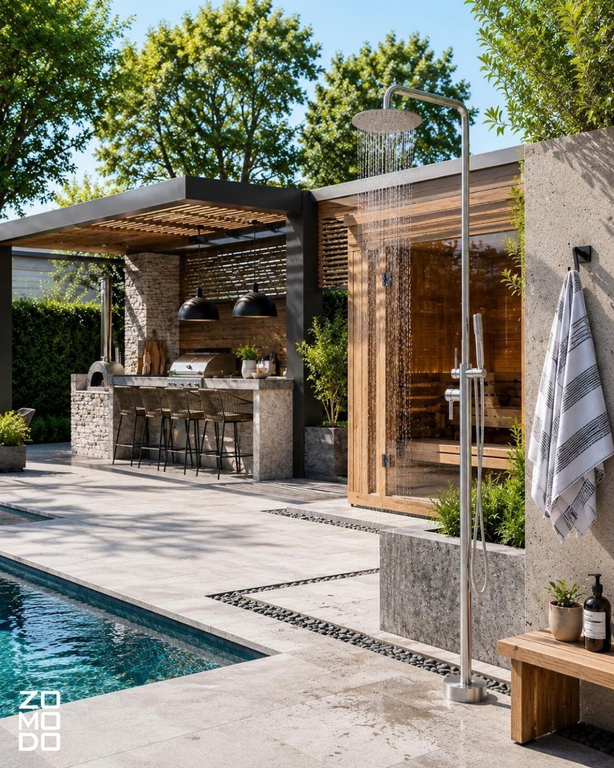 22 Outdoor Backyard Ideas for Dining, Gardens, and Gathering Spaces 21 A tall silver rainfall outdoor shower stands on a stone patio next to a swimming pool.