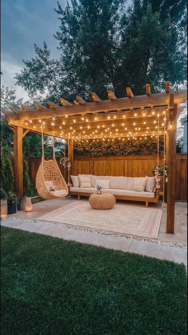 22 Outdoor Backyard Ideas for Dining, Gardens, and Gathering Spaces 8 Wooden pergola with string lights over a cozy outdoor lounge area with a sofa and egg chair.