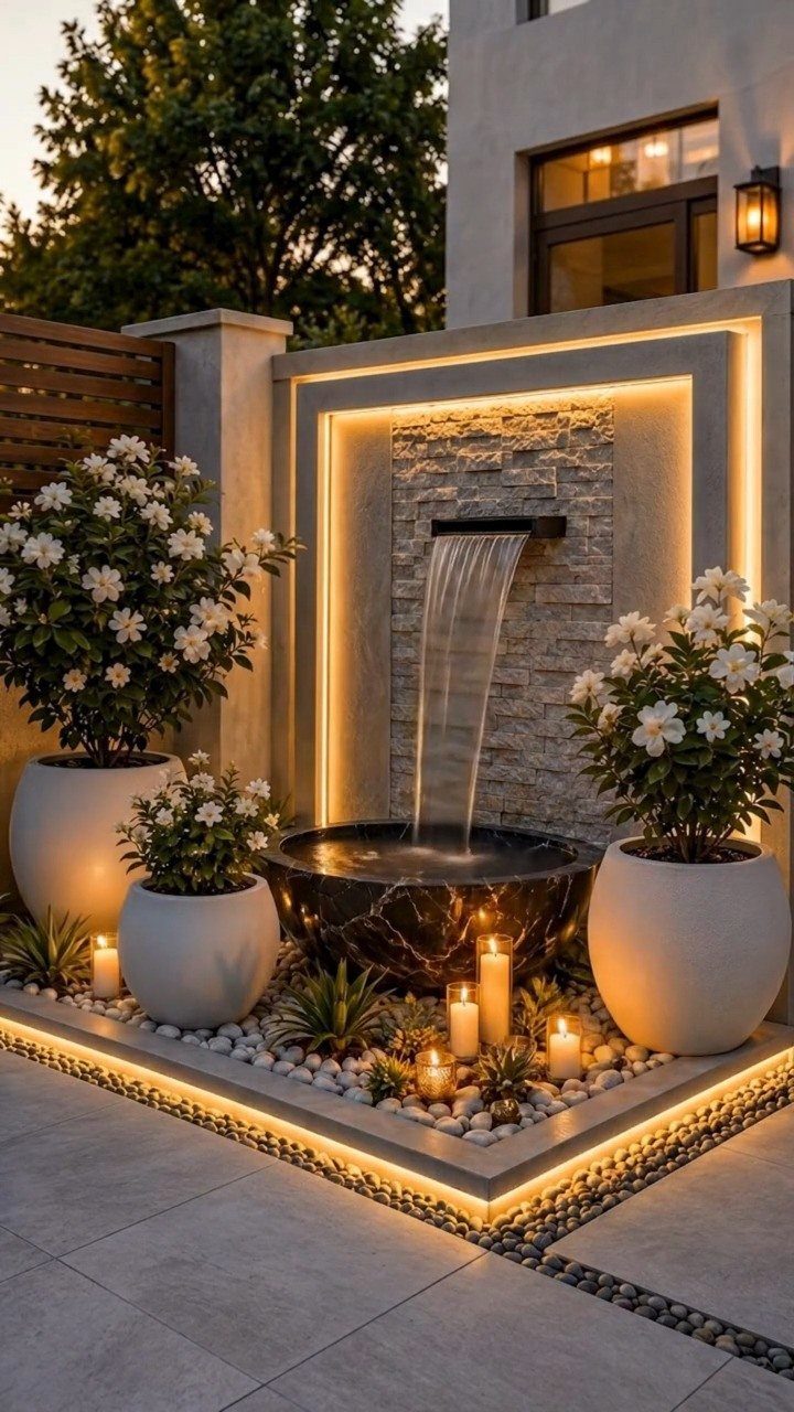 22 Outdoor Backyard Ideas for Dining, Gardens, and Gathering Spaces 10 A modern stone water fountain with a waterfall pouring into a dark basin surrounded by plants.