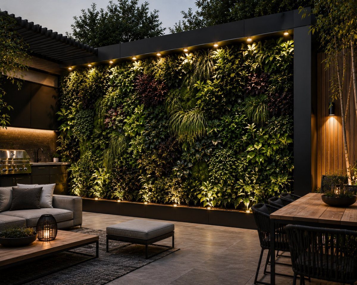 22 Outdoor Backyard Ideas for Dining, Gardens, and Gathering Spaces 1 A large vertical garden wall with diverse green plants illuminated by spotlights in a modern patio.