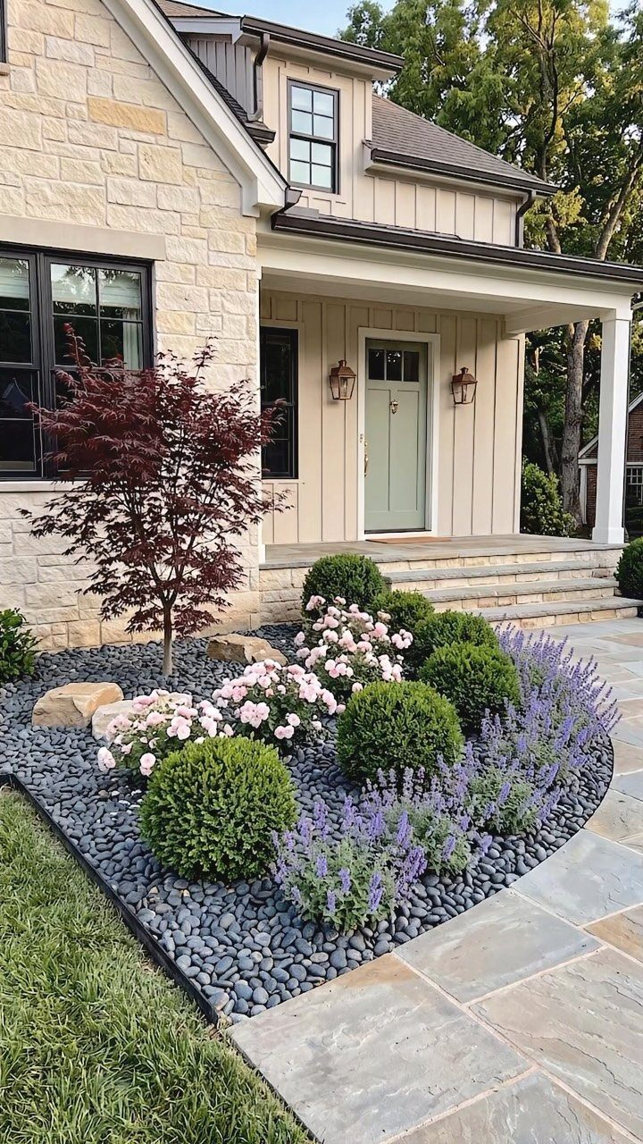 29 Outdoor Gardens Ideas for Patios, Yards, and Every Budget 28 Red Japanese maple and purple lavender planted in dark stones near a stone house entrance.