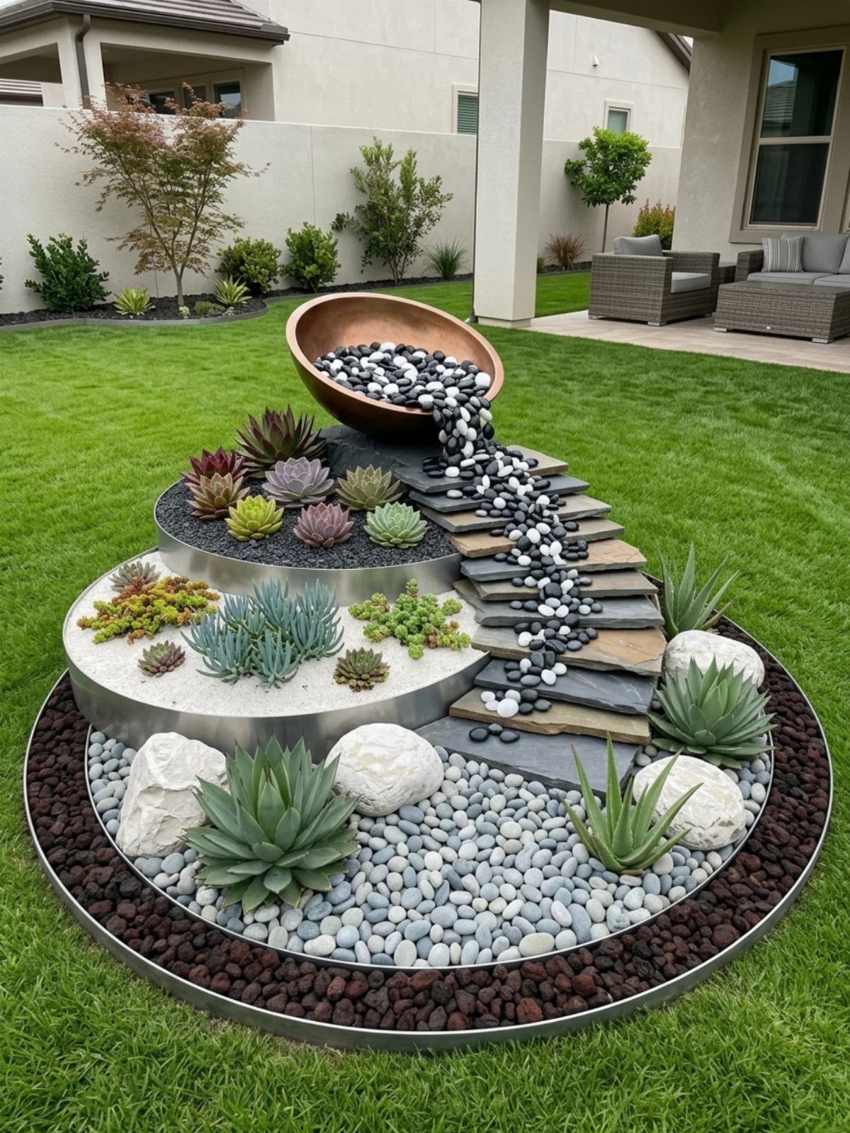 29 Outdoor Gardens Ideas for Patios, Yards, and Every Budget 15 A tiered succulent garden with a large copper bowl spilling black and white stones onto slate.