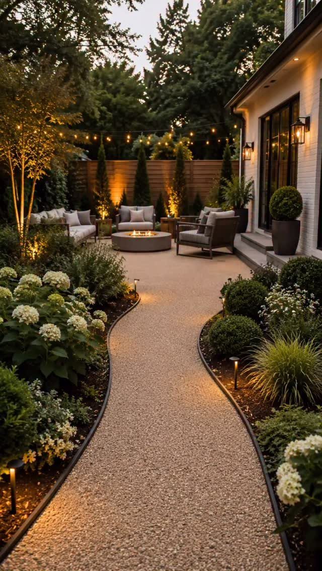 29 Outdoor Gardens Ideas for Patios, Yards, and Every Budget 13 A winding gravel garden path lined with shrubs and small lights leading to an outdoor seating area.
